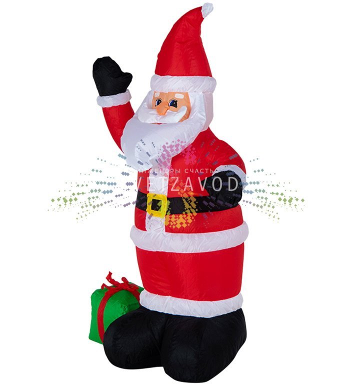 Детальное фото надувной фигуры 3D Дед Мороз с подарком от Neon-Night. Видны светодиодная подсветка, компрессор, адаптер и крепеж. Фигура установлена на улице.