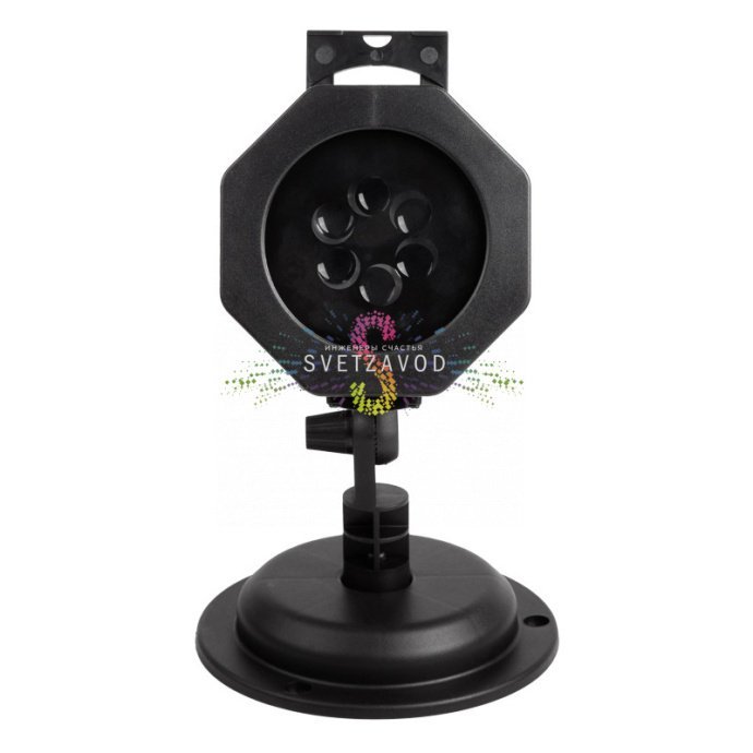 Детальное фото светодиодного проектора Neon-Night: черный корпус из АБС-пластика, разъемы, блок питания и набор из 12 слайдов с различными тематическими проекциями.