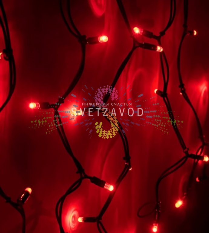 Детальное фото светодиодной бахромы Айсикл: горизонтальный кабель 4.8м с вертикальными нитями разной длины (50/60/50/40 см), красные светодиоды, черный каучуковый провод, блок питания и коннекторы.