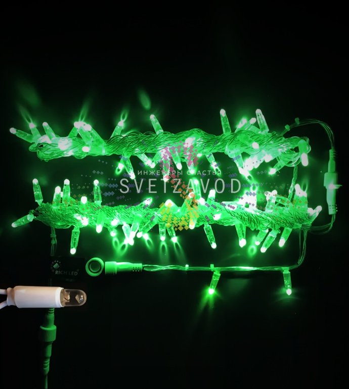 Детальное фото гирлянды-нити Rich Led: зеленые светодиоды на прозрачном ПВХ проводе длиной 10 метров, степень защиты IP65.