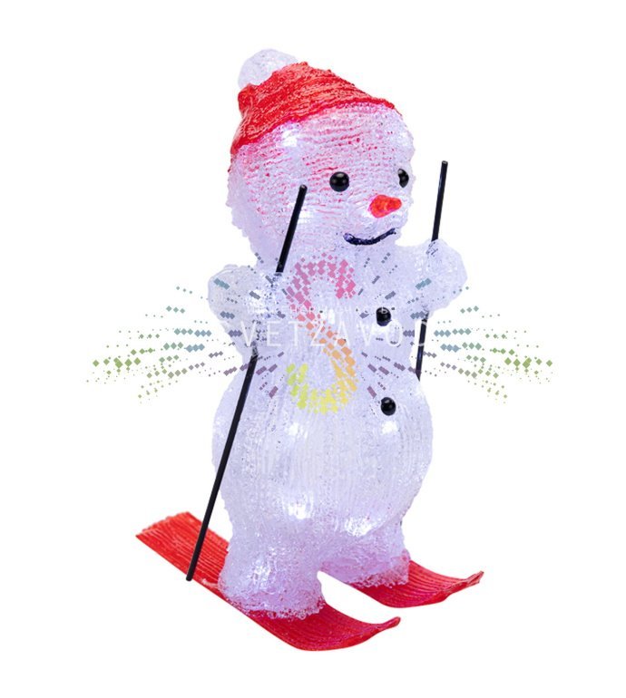 Детальное фото акриловой светодиодной фигуры 3D Снеговик на лыжах от Neon-Night. Видны 30 светодиодов, объемная форма, размеры 16х20х29 см, используется в интерьере. Детальное фото акриловой светодиодной фигуры 3D Снеговик на лыжах от Neon-Night. Видны 30 светодиодов, объемная форма, размеры 16х20х29 см, используется в интерьере.