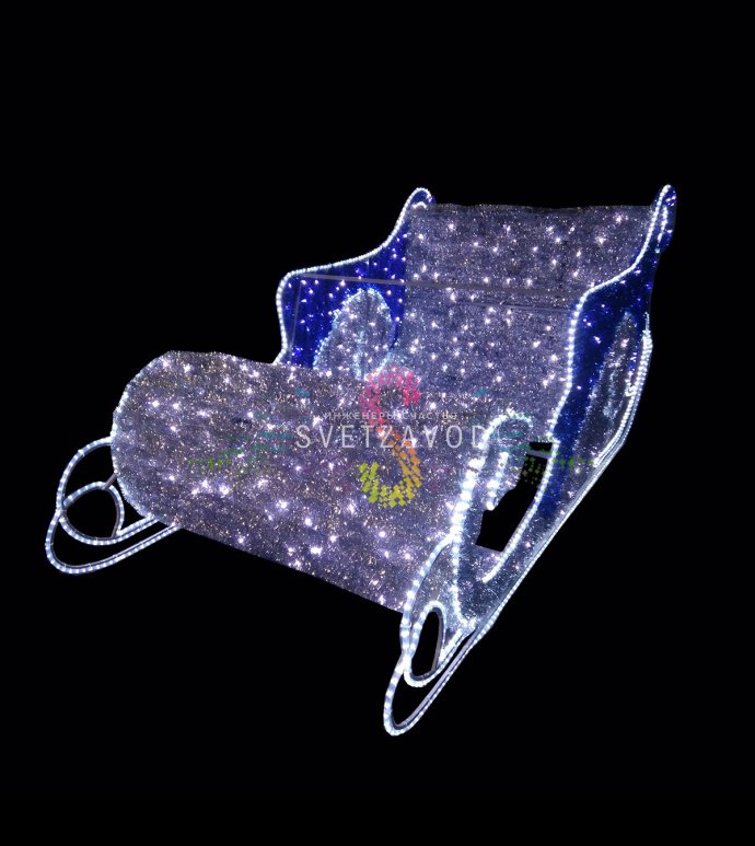 Детальное фото светодиодной конструкции "Новогодние сани деда мороза" 280х125х125 см с 1350 светодиодами, металлическим каркасом и степенью защиты IP65.