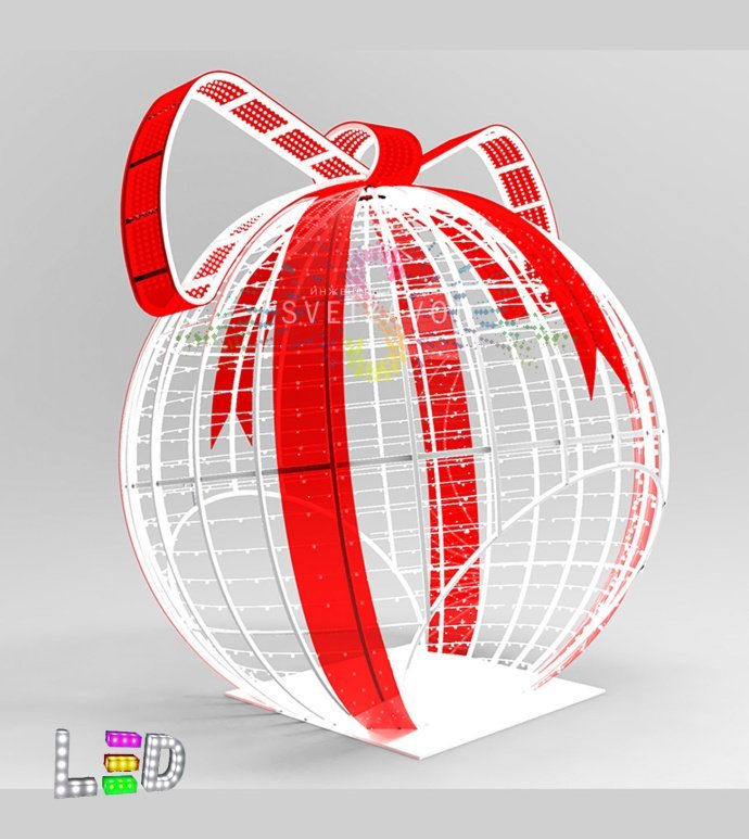 Крупный план световой фигуры Сфера красный бант 400 см: стальной каркас, гирлянды холодного белого и красного свечения, поликарбонатная отделка