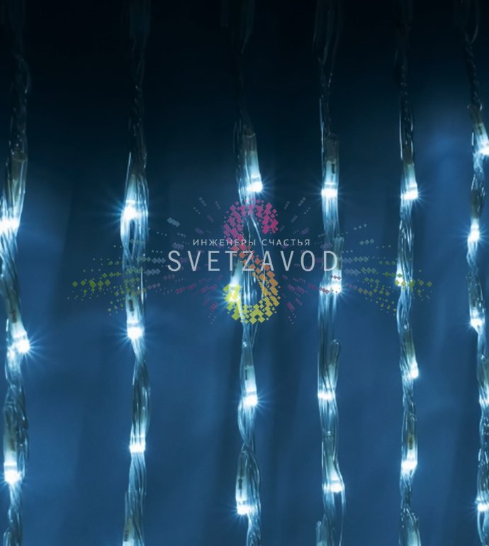 Детальное фото светодиодного дождя в работе: 21 вертикальная нить с белыми светодиодами, прозрачный ПВХ провод, контроллер.