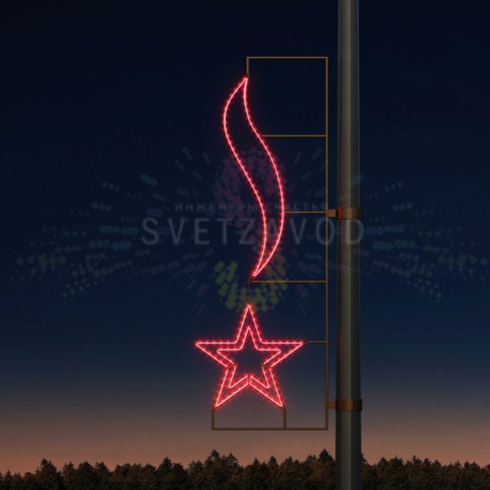 Детальное фото светодиодной консоли Звезда Победы на металлическом каркасе. Видны светодиоды, крепежные элементы и габариты 190х64 см.