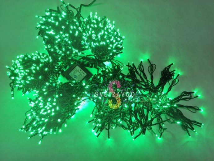 Детальное фото Клип Лайт Спайдер SSP-379: 5 нитей по 20 метров с зелеными мерцающими светодиодами, черный ПВХ провод, блок питания.