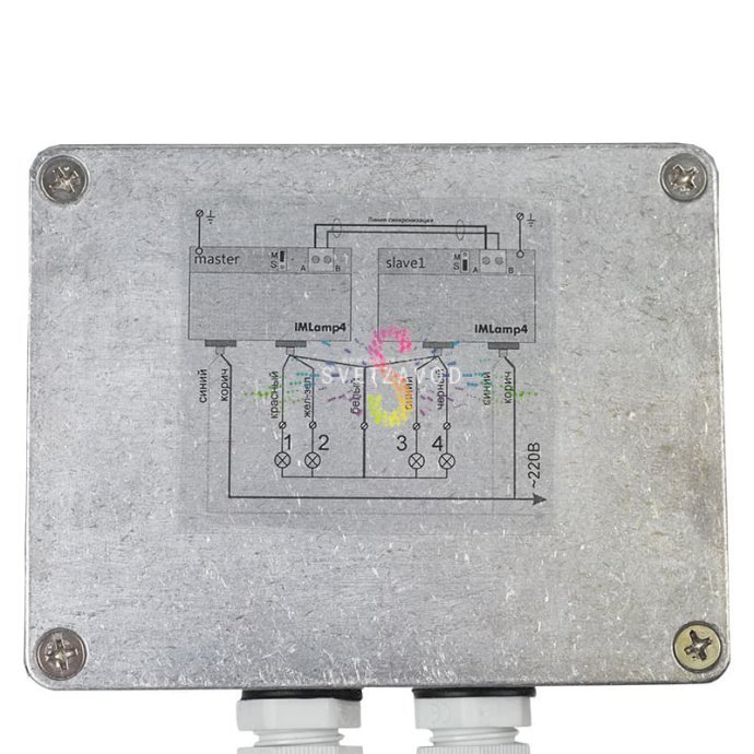 Детальное фото контроллера iMLamp4D_AC_7000 (арт. SBL-2111) в защищенном алюминиевом корпусе с клеммами, интерфейсом USB и элементами охлаждения.