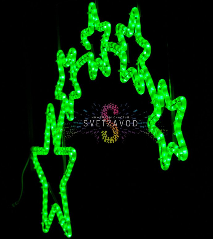 Детальное фото зеленой светодиодной консоли Пять звезд. Видны металлический каркас, светодиодный дюралайт и крепления.