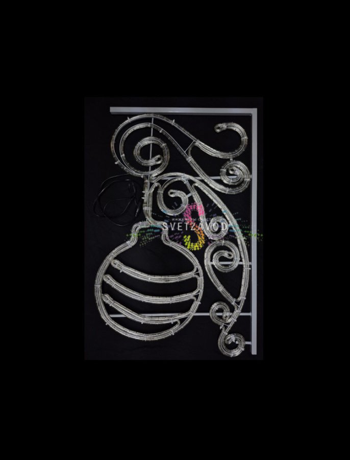 Крупный план светодиодной консоли 'Шар новогодний' размером 100х65 см в белом корпусе, с теплым и холодным белым свечением, на металлическом каркасе для уличного использования.