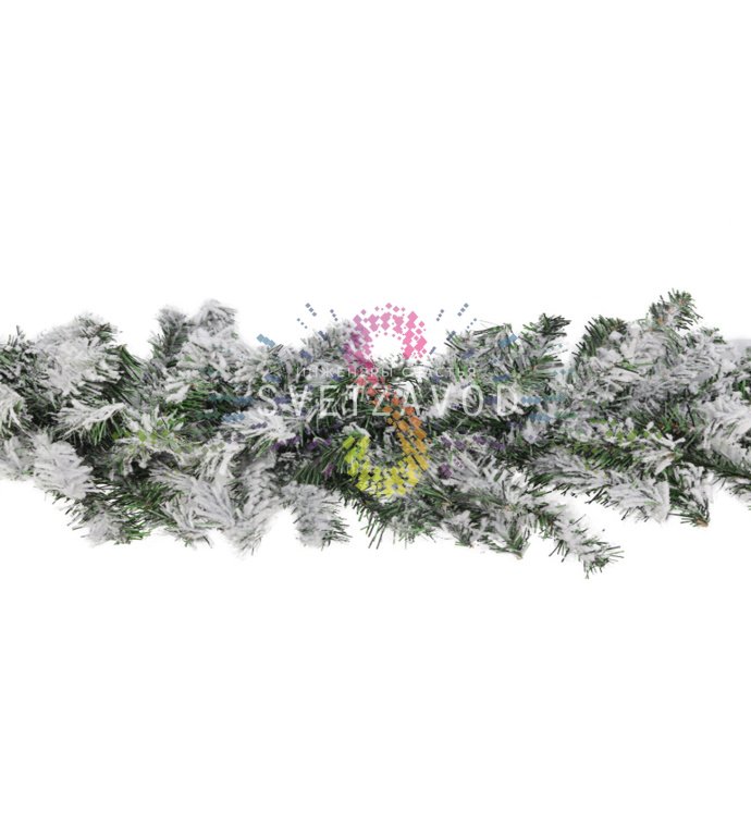 Детальное фото елового шлейфа искусственного заснеженного Neon-Night длиной 270 см, диаметром 26 см, с темно-зелеными ветками ПВХ и белым снежным напылением.