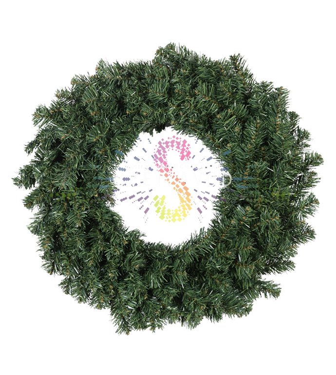 Детальное фото рождественского елового венка Neon-Night: реалистичные ветки из ПВХ, металлический каркас, эффект свечения.