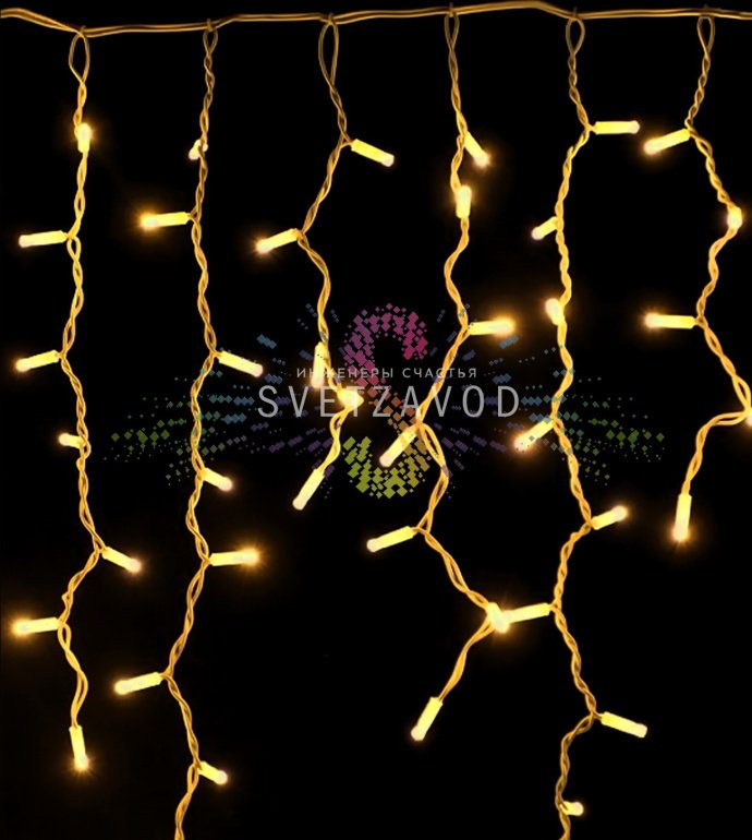 Детальное фото светодиодной бахромы Айсикл 3х0,7м с желтыми светодиодами, белым ПВХ проводом и коннекторами для соединения.