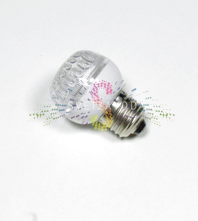 Крупный план декоративной светодиодной лампы E27 красного свечения. Видны 9 DIP-светодиодов внутри прозрачной пластиковой колбы, стандартный цоколь. Используется для гирлянд Belt Light.