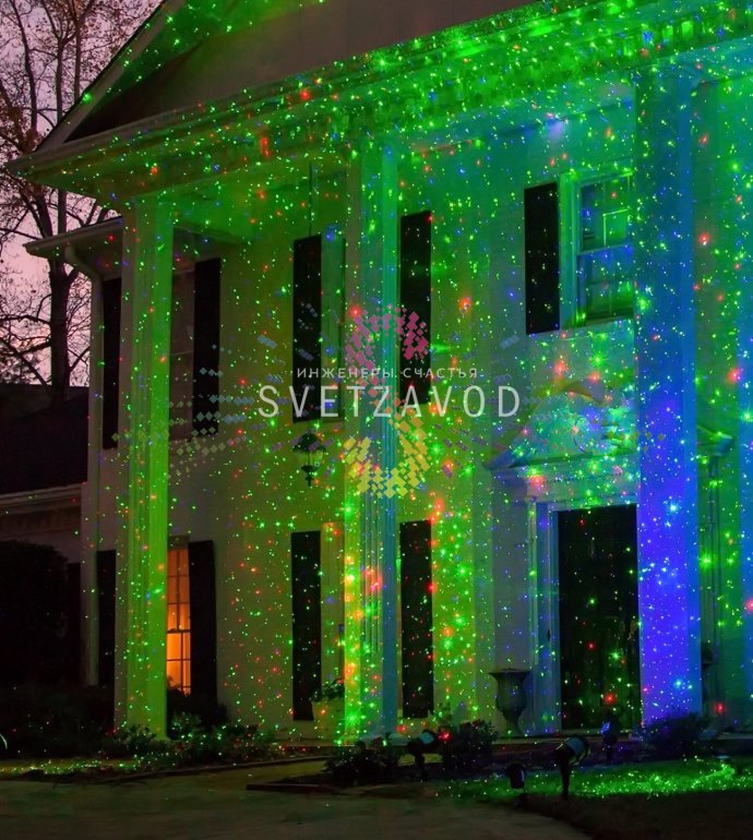 Лазерная подсветка Garden X-33 Premium на грунтовом основании, проекция лазеров на фасад здания, комплектация: пульт ДУ, блок питания, Bluetooth-колонка