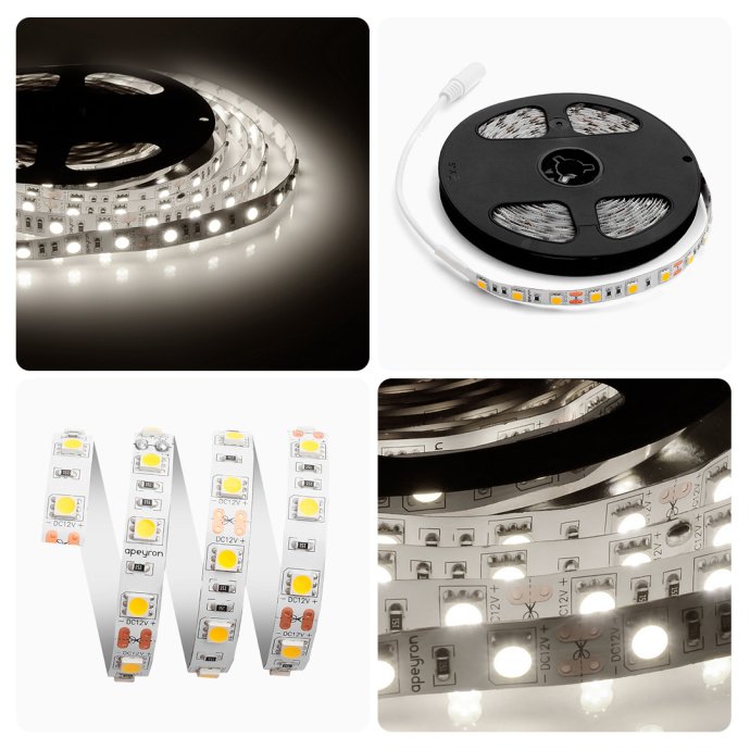 Светодиодная лента дневной белый 4000K, 12В, 14,4Вт/м, SMD5050, 60LED/м, IP20, 700Лм/м, 10мм, 5м, гибкая.