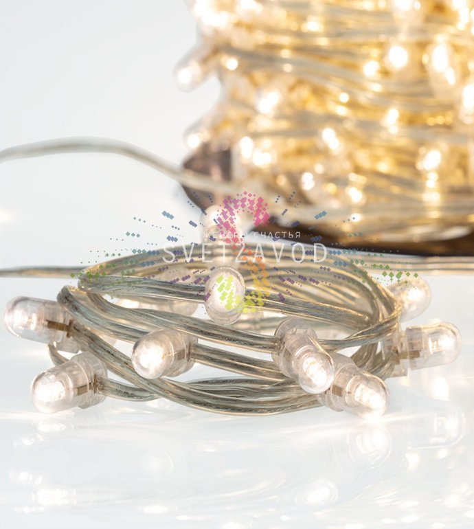 Крупный план светодиодного Клип Лайта Neon-Night: прозрачный ПВХ кабель, защищенные колпачками светодиоды теплого белого свечения, степень защиты IP65.