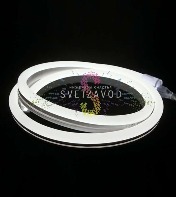 Детальное фото светодиодного гибкого неона Rich Led: двухсторонний профиль, матовая оболочка, светодиоды SMD2835, подключенный к сети 220В, демонстрация гибкости и яркого белого холодного свечения.