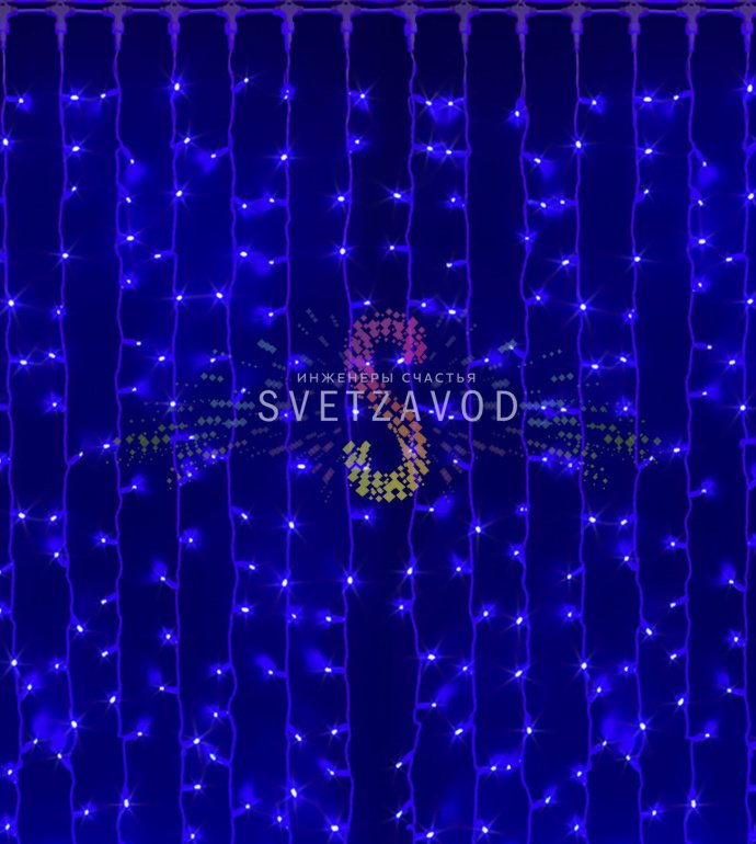 Детальное фото светодиодного дождя SPL-801: видны 20 нитей по 2 метра, белые ПВХ провода, синие светодиоды и соединительные коннекторы.
