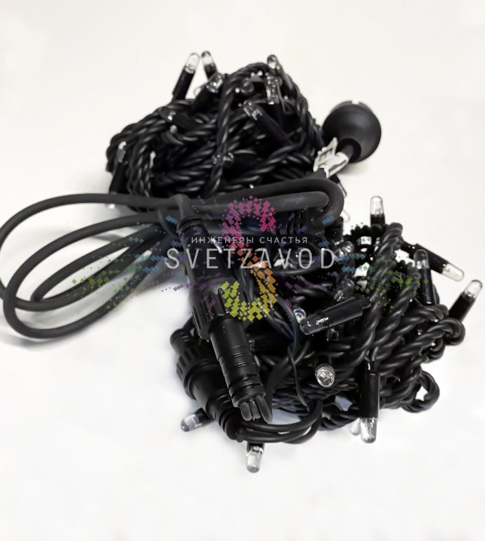 Детальное фото гирлянды-нити Стринг Лайт 24В, зеленое свечение, черный каучуковый провод, защитные колпачки на светодиодах, длина 10 метров.