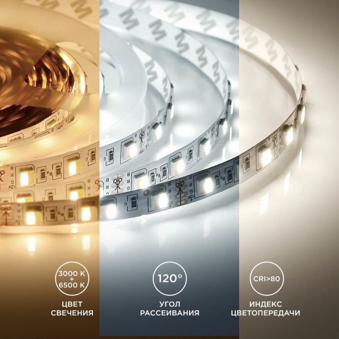 Детальное фото LED ленты 12В CCT двухцветной, SMD5050 60LED/м, ширина 10мм, IP20, отрезок 5м, видна кратность реза 50мм.