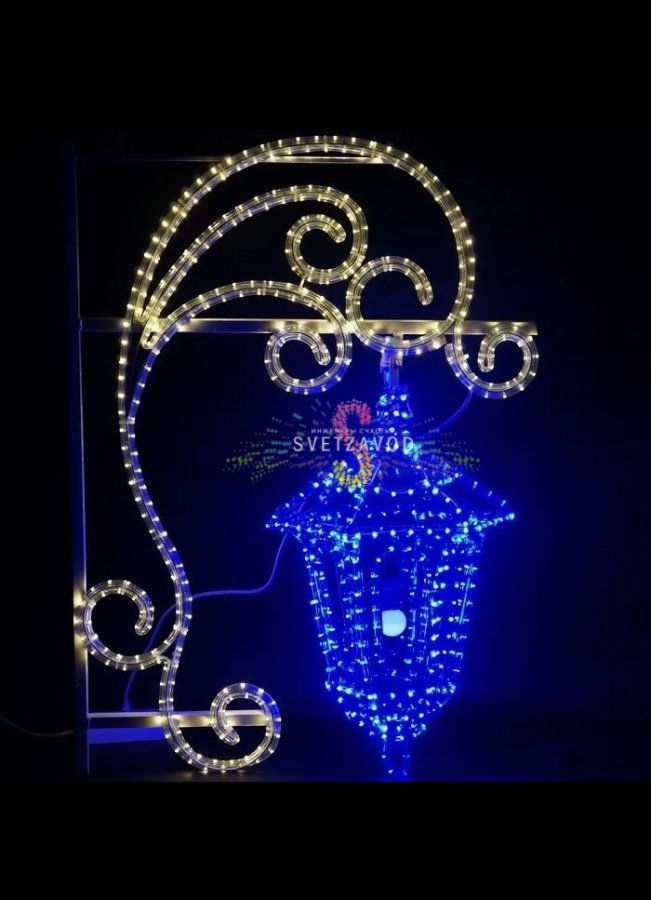 Детальное фото светодиодной консоли Фонари Монмартра: металлический каркас, светодиодная лента, крепление на опору, размеры 100х78х27 см.