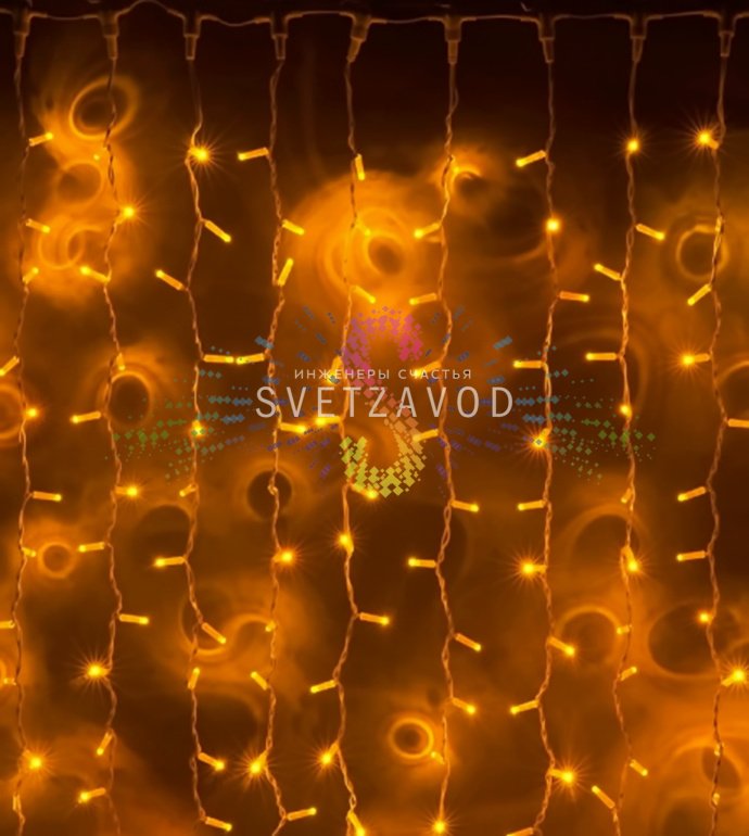 Детальное фото светодиодного дождя SPL-202: желтые нити с диодами, соединительные коннекторы, блок питания, упаковка.