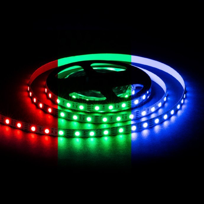 Фото ленты RGB 12В 14.4Вт/м, SMD5050 60LED/м, IP20, белая подложка, контакты пайки, многоцветное свечение.