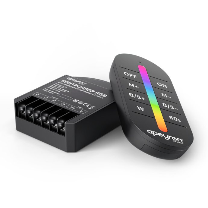 Детальное фото контроллера RGB 12-24В: клеммы 3 канала, маркировка 24А, пластик IP20, разъём ПДУ и сенсорный пульт.