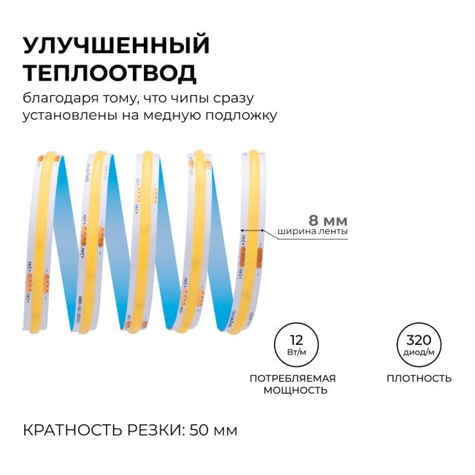Детальное фото светодиодной ленты COB 24В 320д/м IP20 теплый белый 10м, CRI 90, 1000лм/м