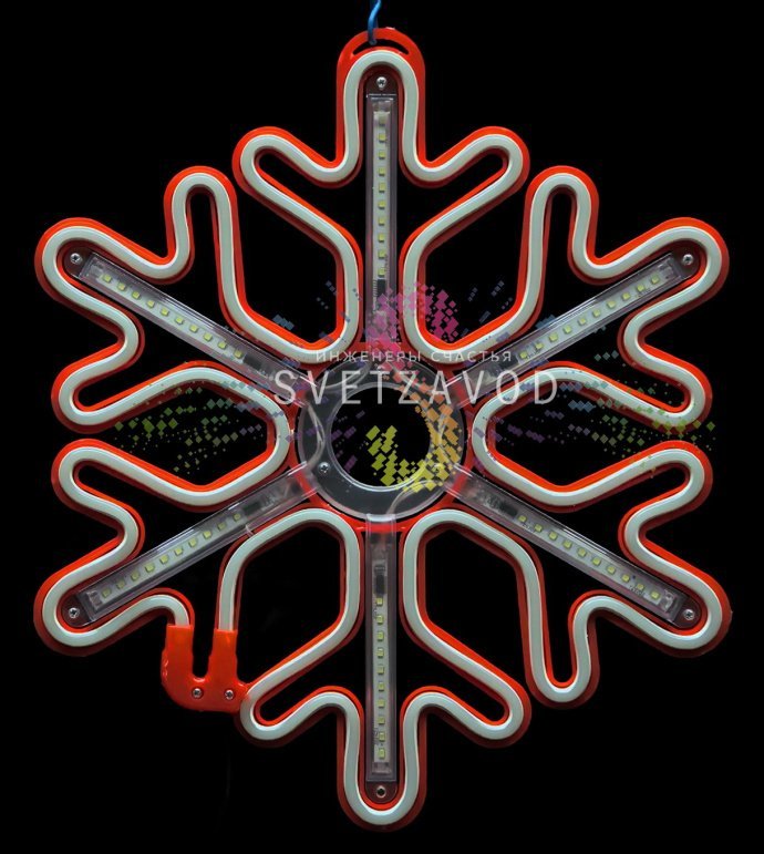 Детальное фото светодиодной снежинки 40см красного цвета с эффектом тающих сосулек, пластиковый каркас, степень защиты IP65