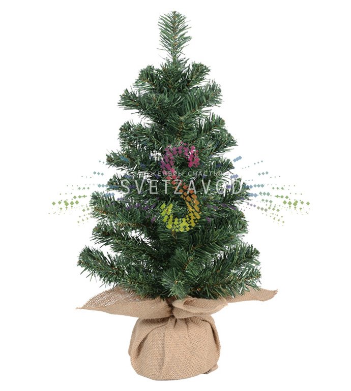 Детальное фото елочки Neon-Night: зеленая хвоя из ПВХ, плетеный текстильный мешочек, устойчивая подставка, компактный размер 60 см.