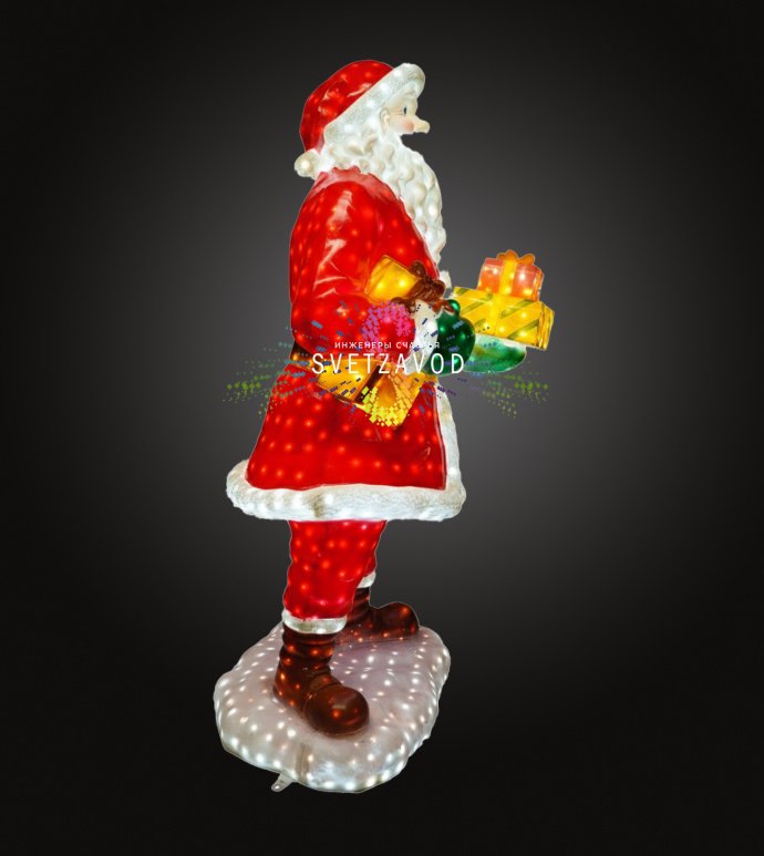 Детальное фото светодиодной фигуры Деда Мороза из стекловолокна с подарками, высота 170 см, для уличного использования. Детальное фото светодиодной фигуры Деда Мороза из стекловолокна с подарками, высота 170 см, для уличного использования.