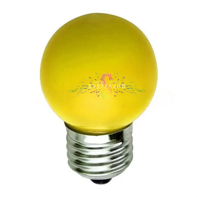 Крупный план желтой декоративной LED-лампы E27 с 5 светодиодами, матовой пластиковой колбой диаметром 40 мм.