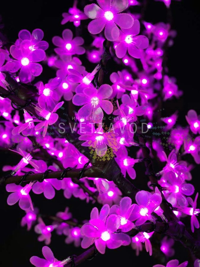 Детальное фото светодиодного куста Сакуры (SDK-417): гибкие ветви с 224 розовыми светодиодами, блок питания в комплекте.