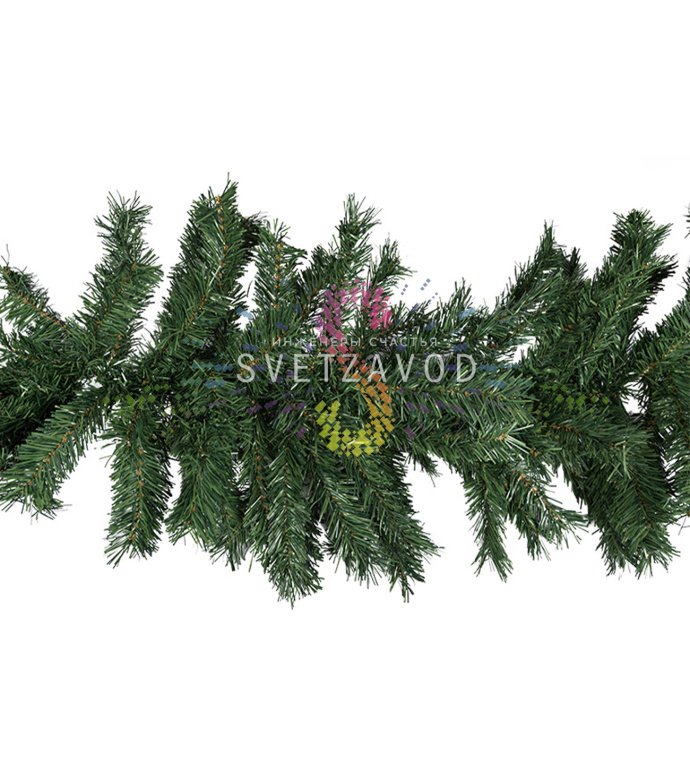 Детальное фото искусственного елового шлейфа Neon-Night длиной 2,7 м. Видны многочисленные мягкие ветки ПВХ, упаковка.