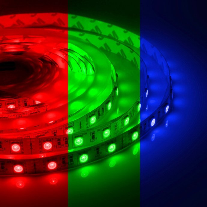 Детальное фото: многоцветная RGB лента 5м SMD5050 30LED/м 12В IP20 шир.10мм, рез 100мм.