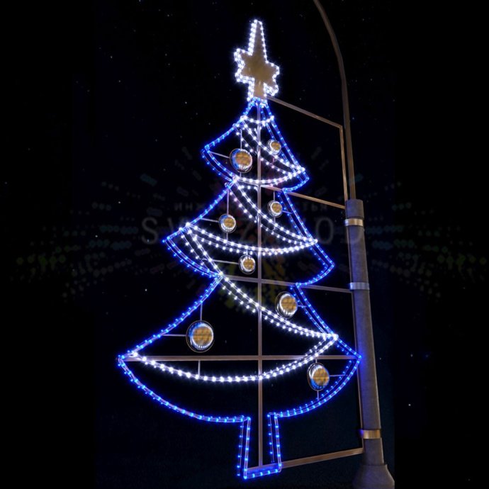 Детальное изображение светодиодной консоли 'Новогодняя ёлка' размером 190х90 см. Видны металлический каркас, светодиодные модули синего и белого цвета, защищенное исполнение для улицы.
