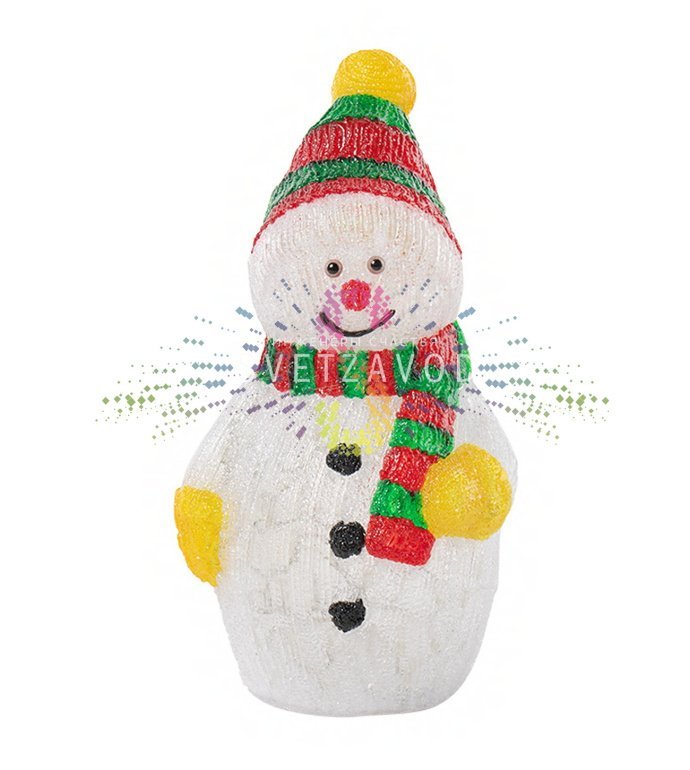 Детальное фото акриловой 3D фигуры Снеговика с шарфом. Видны 200 ярких светодиодов, металлический каркас и монтажные отверстия. Фигура установлена на улице.