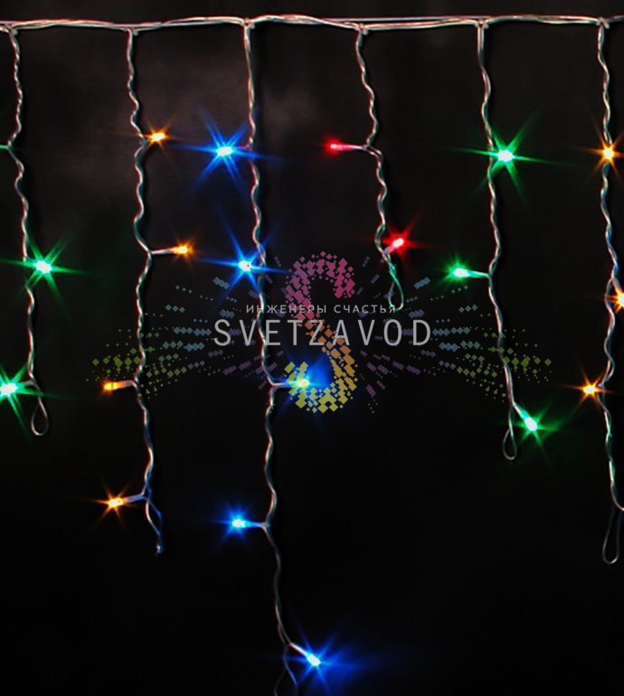 Детальное фото светодиодной бахромы Айсикл Rich Led: горизонтальный кабель 3 метра с вертикальными нитями разной длины (20-50 см), прозрачный ПВХ, мультицветные светодиоды, коннекторы для соединения.