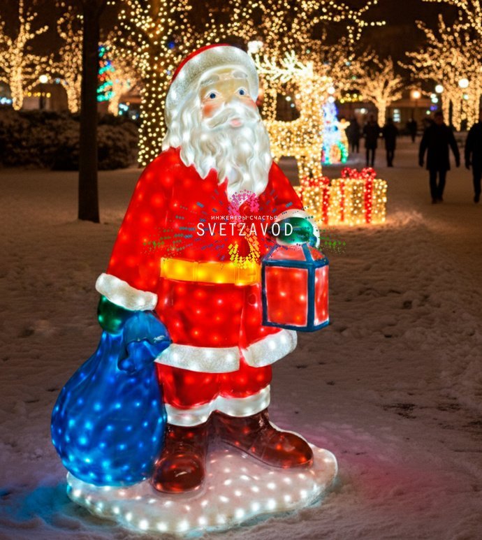 Детальное фото светодиодной фигуры Дед Мороз из стекловолокна с мешком подарков. Видны светодиоды, конструкция и блок питания 24В.
