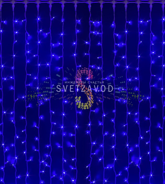 Детальное фото светодиодного дождя Rich Led: белый ПВХ провод, 20 нитей по 6 метров с синими светодиодами, блок питания и коннекторы в комплекте.
