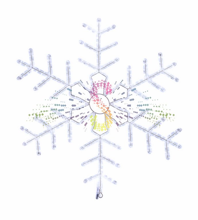Крупный план светодиодной снежинки из дюралайта на металлическом каркасе. Видны 432 светодиода, вилка питания и крепежное ушко.