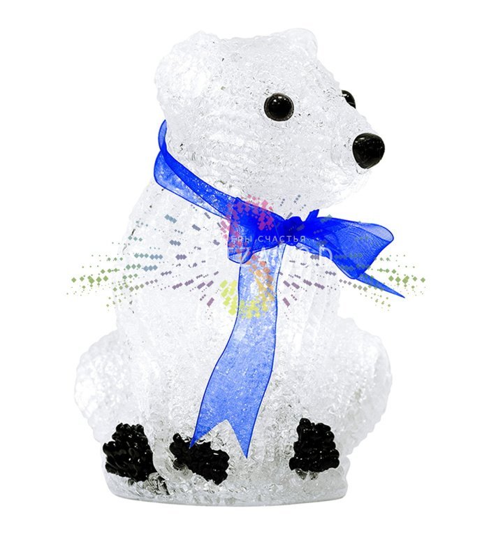 Детальное фото акриловой светодиодной фигуры Белый мишка. Видны 20 светодиодов, объемная конструкция высотой 20 см, материал акрил. Фигура в выключенном и включенном состоянии. Детальное фото акриловой светодиодной фигуры Белый мишка. Видны 20 светодиодов, объемная конструкция высотой 20 см, материал акрил. Фигура в выключенном и включенном состоянии.