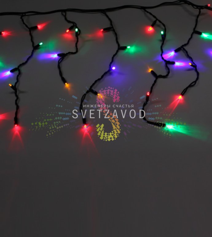 Детальное фото светодиодной бахромы Айсикл: горизонтальный кабель 4,8 м с вертикальными нитями 50/60/50/40 см, черный каучуковый корпус, разноцветные светодиоды, защитные колпачки, коннекторы для соединения.