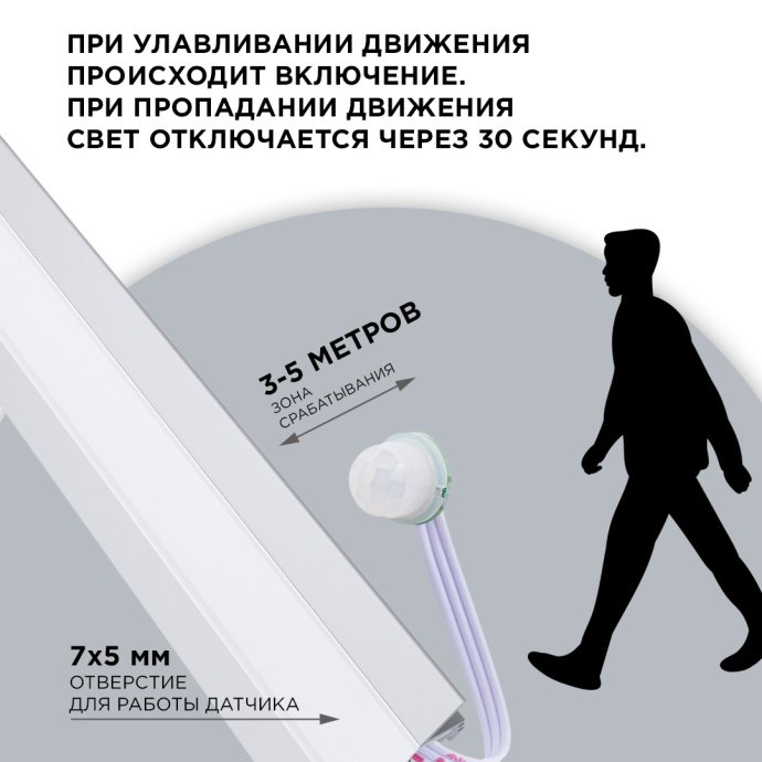 Детальное фото выключателя с ИК датчиком движения на проводе, монохромный, 12/24В, 60Вт, для алюминиевого профиля, IP20.