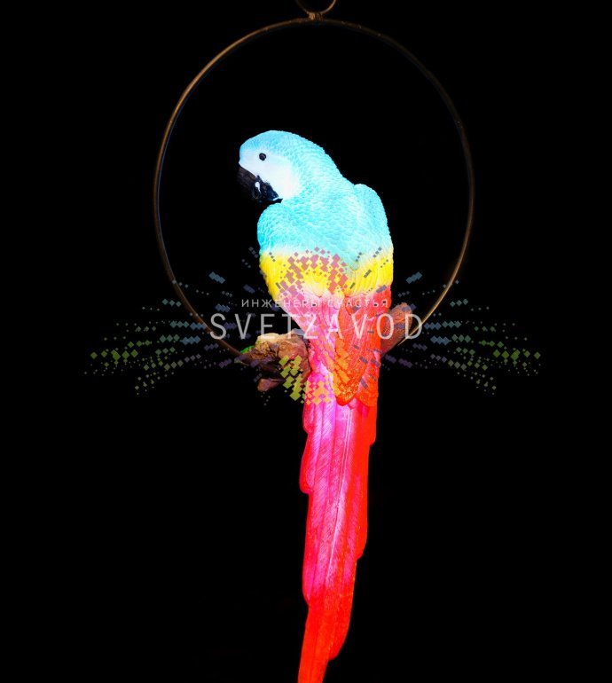 Детальное фото набора светодиодных фигур Попугаев из белого стекловолокна с яркой разноцветной светодиодной подсветкой в вечернем саду.
