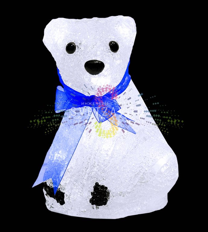 Детальное фото акриловой светодиодной фигуры Белый мишка. Видны 20 светодиодов, объемная конструкция высотой 20 см, материал акрил. Фигура в выключенном и включенном состоянии. Детальное фото акриловой светодиодной фигуры Белый мишка. Видны 20 светодиодов, объемная конструкция высотой 20 см, материал акрил. Фигура в выключенном и включенном состоянии.