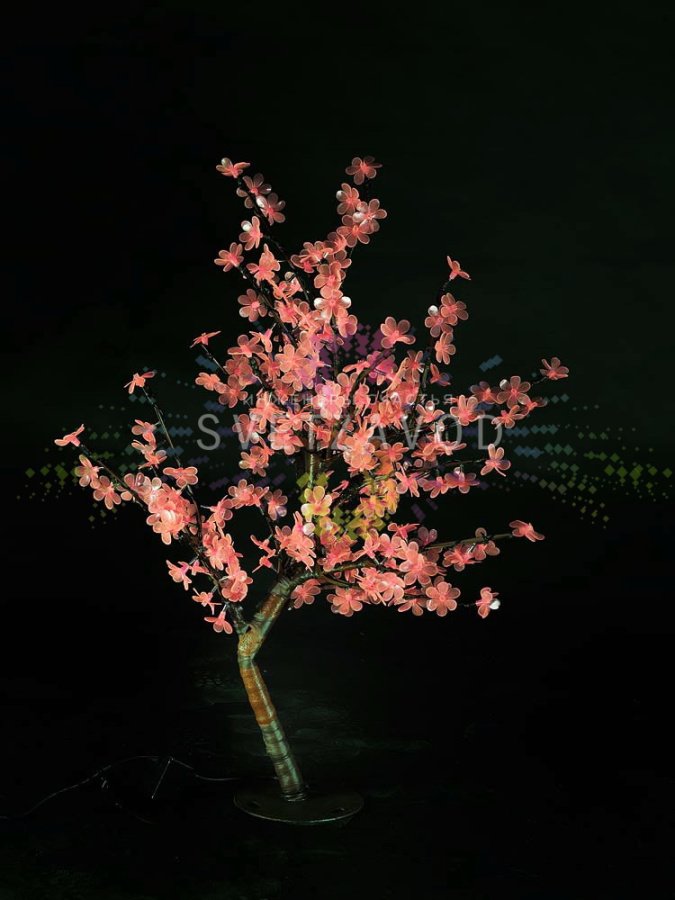 Детальное фото светодиодного куста Сакуры (SDK-417): гибкие ветви с 224 розовыми светодиодами, блок питания в комплекте.