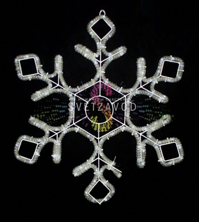 Детальное фото светодиодной снежинки SZV-366: металлический каркас с порошковой покраской, 100 светодиодов, упаковка, вилка для подключения.