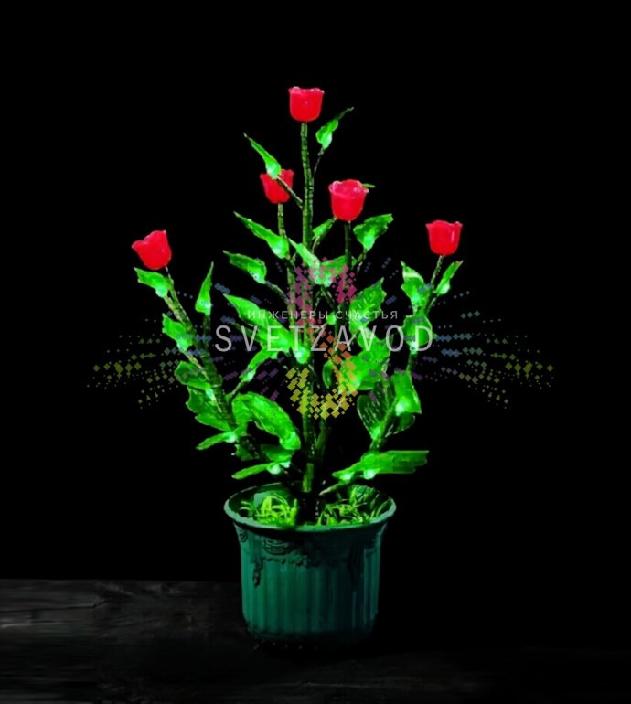 Детальное фото светодиодного куста розы 0.6м: видны ветви со светодиодами, горшок, блок питания. Защита IP44 для улицы.